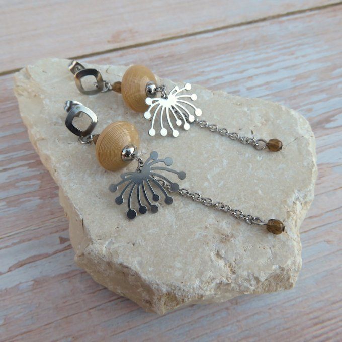 Boucles d'oreilles longues, breloque acier, modèle "Etincelle" - Sable / pissenlit