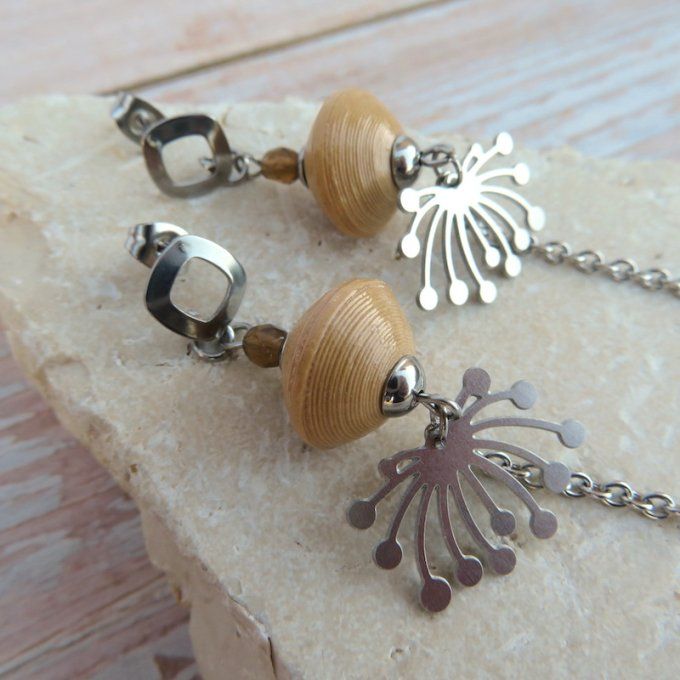 Boucles d'oreilles longues, breloque acier, modèle "Etincelle" - Sable / pissenlit