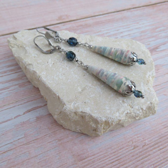 Boucles d'oreilles goutte, perles de Bohème, modèle "Princesse" - Bleu gris