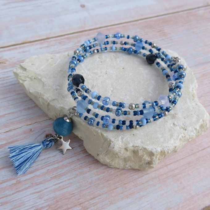 Bracelet « Tournicoti » bleu jean - étoile & cœur