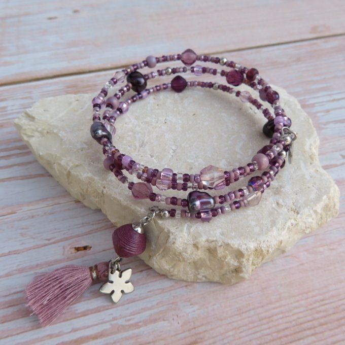 Bracelet « Tournicoti » violet améthyste - fleur & cœur