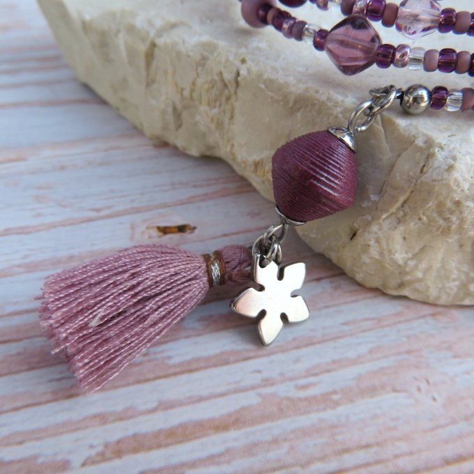 Bracelet « Tournicoti » violet améthyste - fleur & cœur