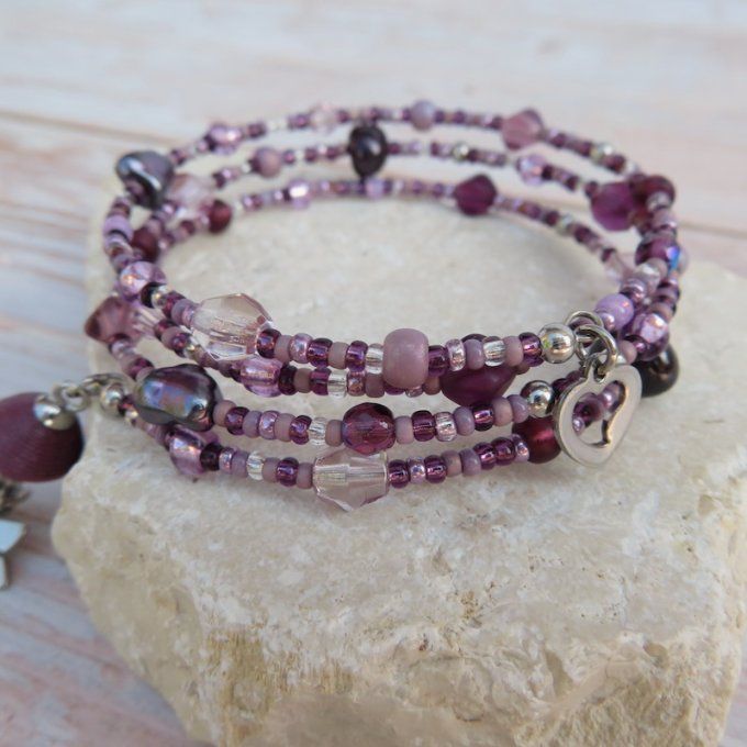 Bracelet « Tournicoti » violet améthyste - fleur & cœur