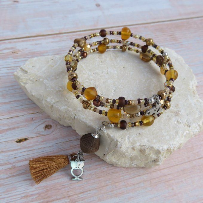 Bracelet « Tournicoti » marron – hibou ajourée & petit chien,