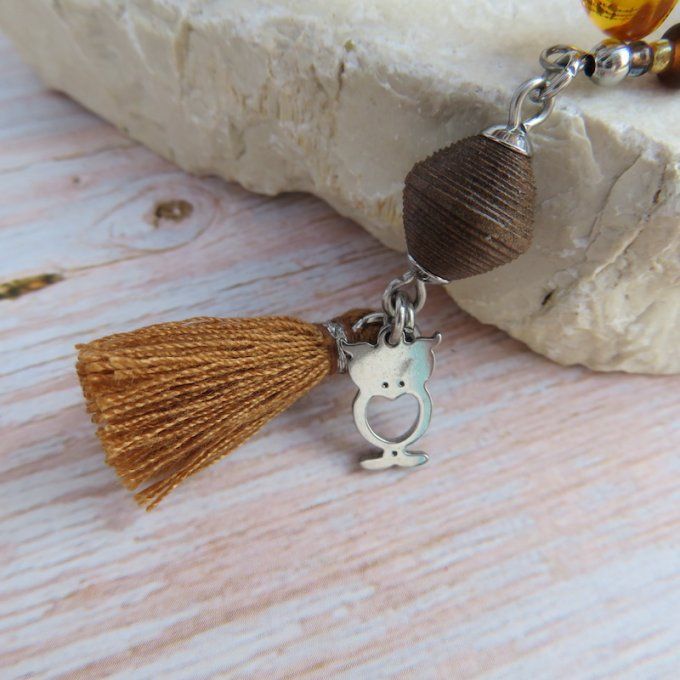Bracelet « Tournicoti » marron – hibou ajourée & petit chien,