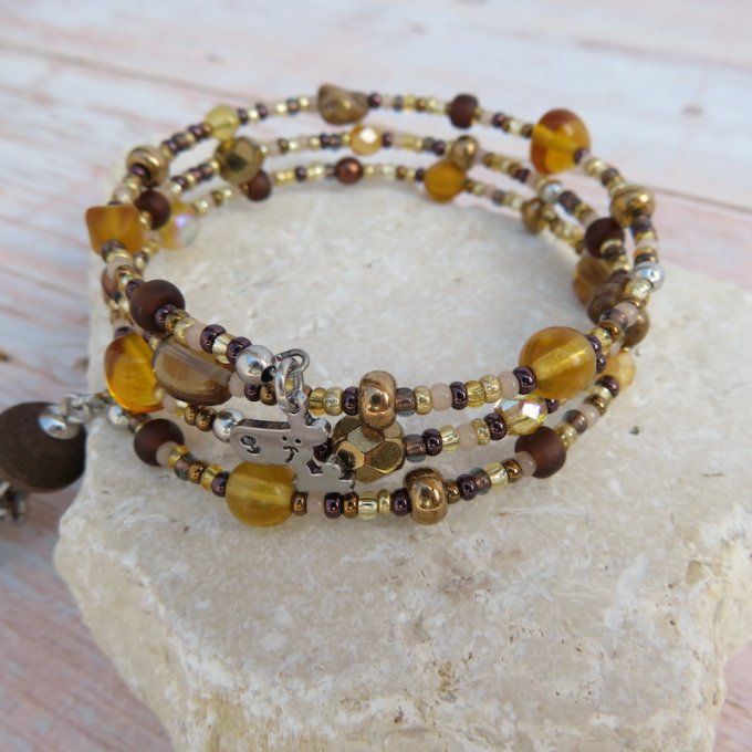 Bracelet « Tournicoti » marron – hibou ajourée & petit chien,