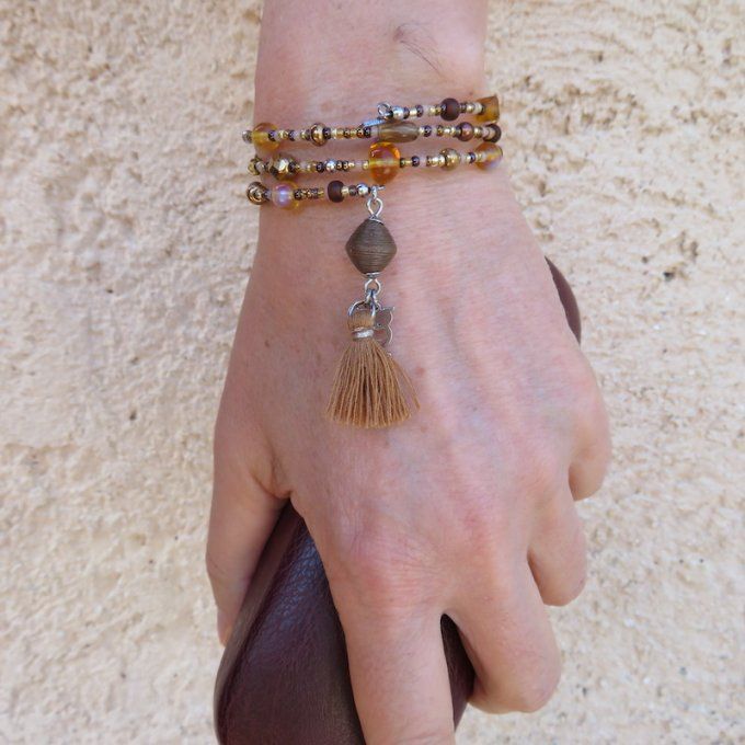 Bracelet « Tournicoti » marron – hibou ajourée & petit chien,