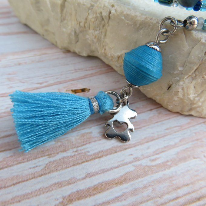 Bracelet « Tournicoti » bleu turquoise – nounours & dauphin