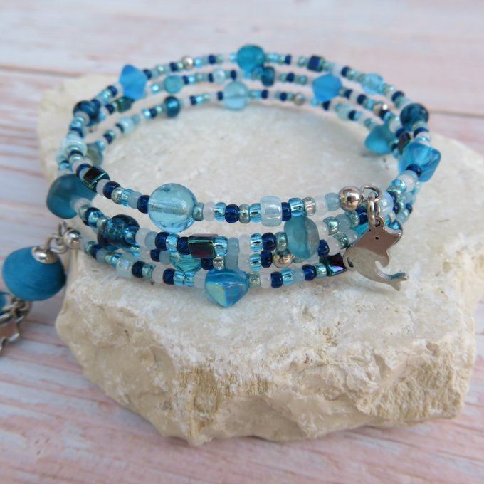Bracelet « Tournicoti » bleu turquoise – nounours & dauphin