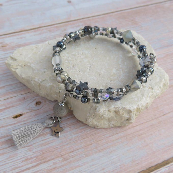 Bracelet « Tournicoti » gris – étoile sourire & étoile ajourée