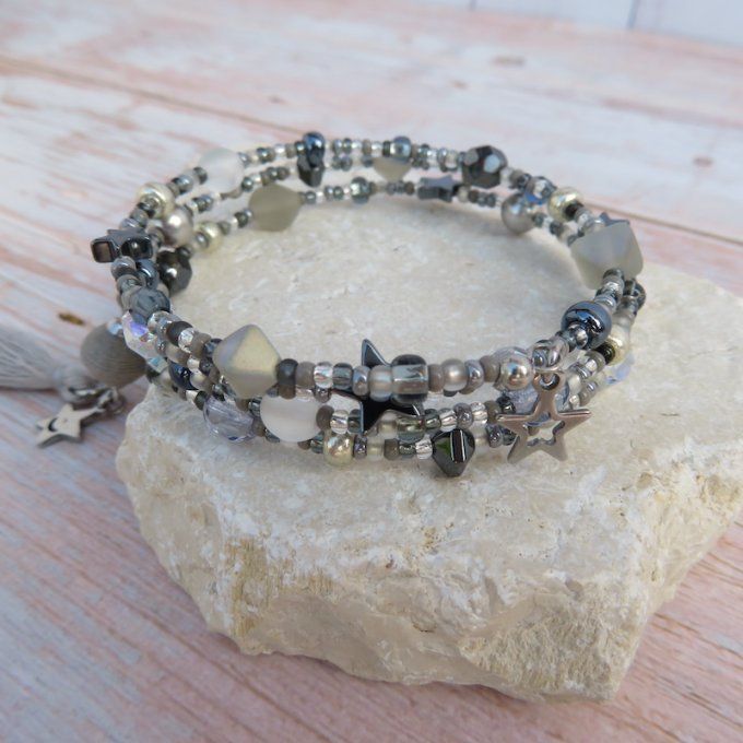Bracelet « Tournicoti » gris – étoile sourire & étoile ajourée