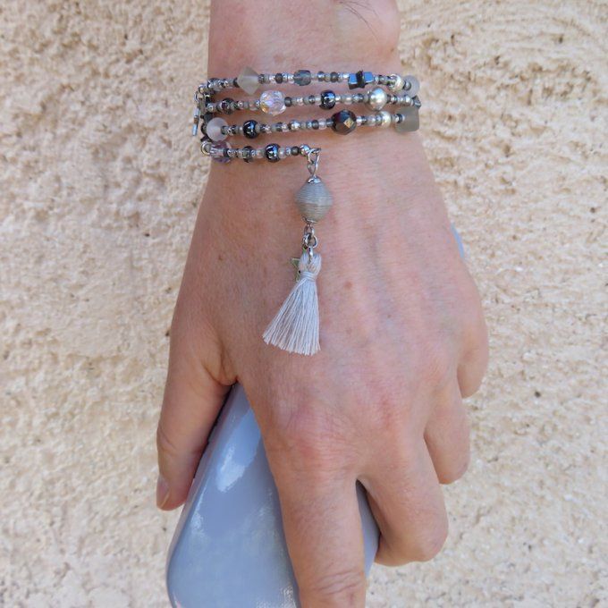 Bracelet « Tournicoti » gris – étoile sourire & étoile ajourée