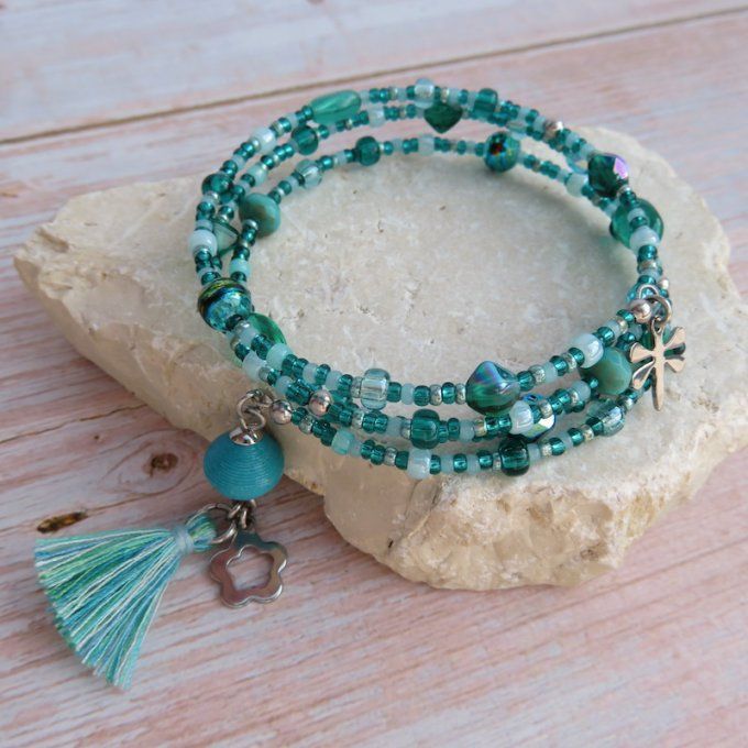Bracelet « Tournicoti » bleu-vert – fleur & libellule