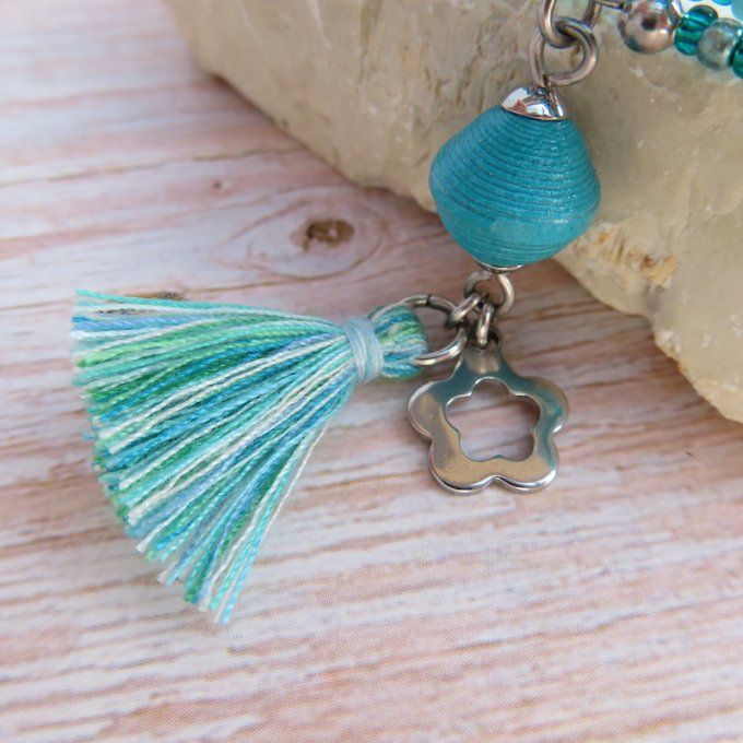 Bracelet « Tournicoti » bleu-vert – fleur & libellule