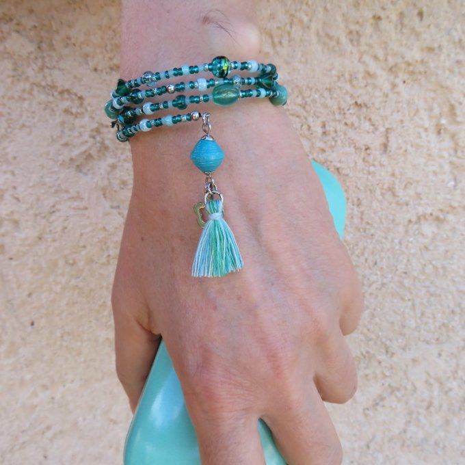 Bracelet « Tournicoti » bleu-vert – fleur & libellule